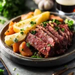 Sliced corned beef slow cooker Guinness served with potatoes and carrots