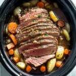 Sliced corned beef brisket slow cooker style with carrots and potatoes