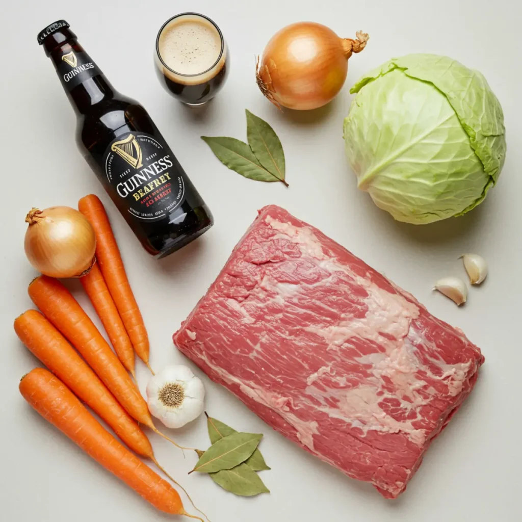 Ingredients for corned beef slow cooker Guinness laid out
