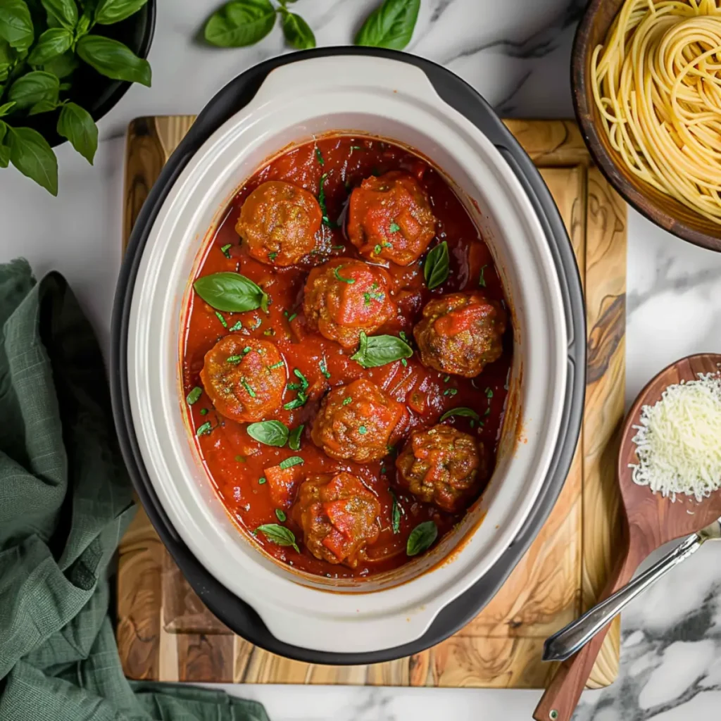 Frozen meatballs in slow cooker with marinara sauce and fresh basil