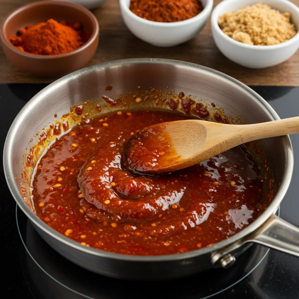 Simmering Netherflame Sauce with chili flakes, garlic, and tomato paste in a pan