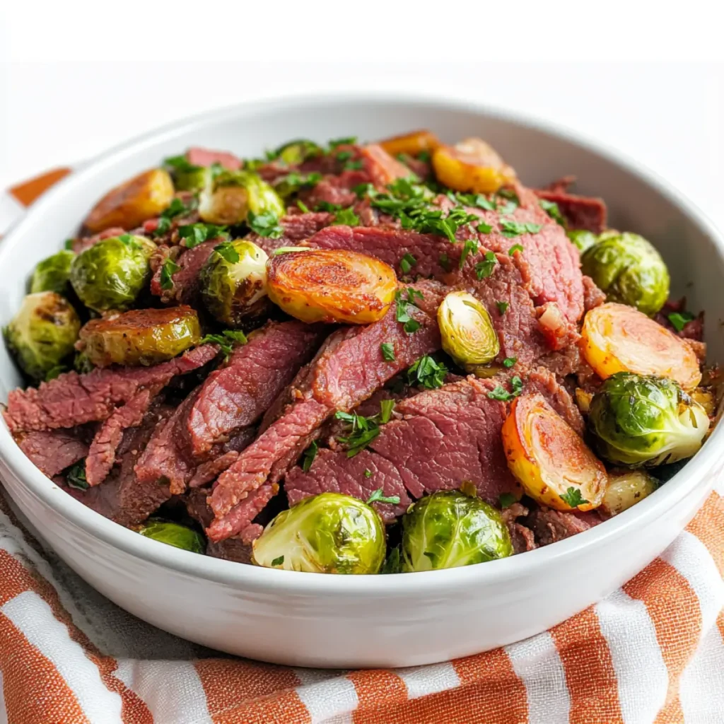 Slow cooker corned beef and brussel sprouts served in a bowl