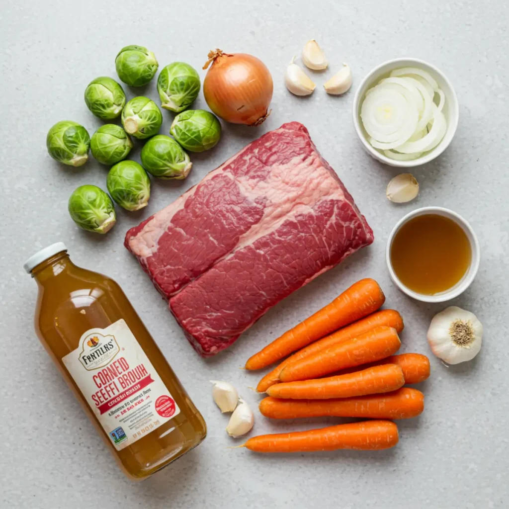 Ingredients for slow cooker corned beef and brussel sprouts