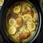 slow cooker creamy lemon herb chicken in creamy lemon sauce with sliced lemons