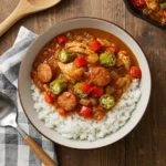 Slow Cooker Gumbo served over rice in a rustic bowl