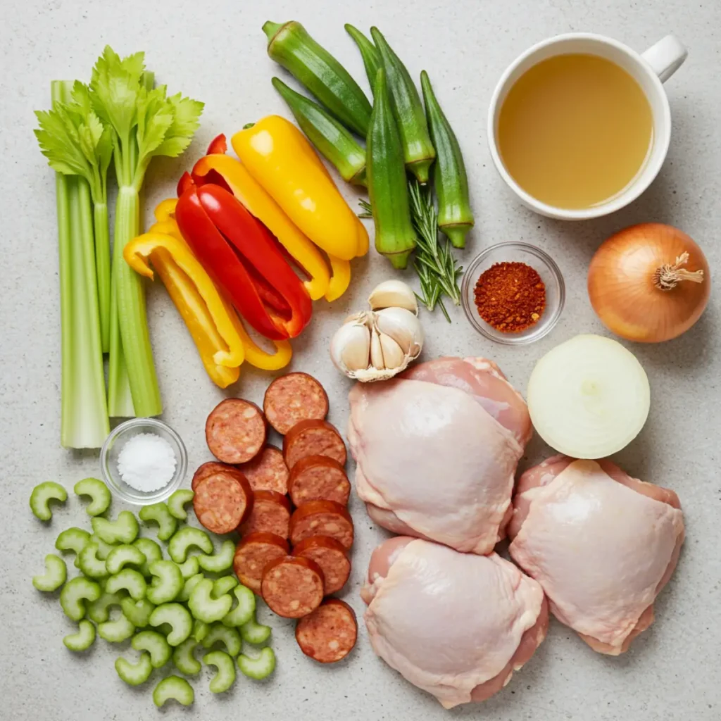 Raw gumbo ingredients on a wooden table