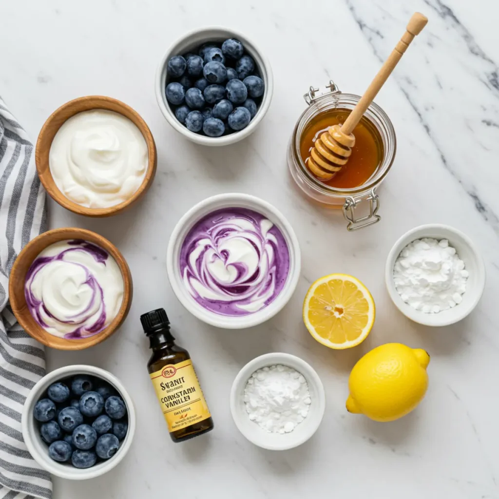 Ingredients for Blueberry Swirl Yogurt Bites on marble background