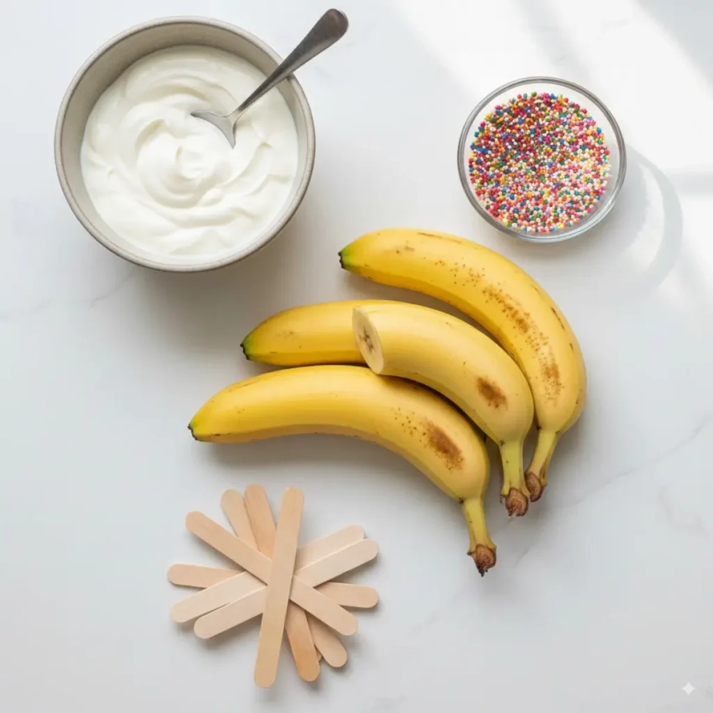 Ingredients for Frozen Yogurt Banana Pops with bananas, yogurt, sprinkles, and sticks