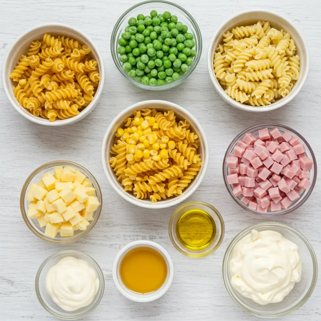Ingredients for Kids Pasta Salad including pasta, peas, corn, ham, cheese, and dressing