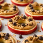 Loaded Apple Slices with peanut butter, granola, and chocolate chips on a white platter