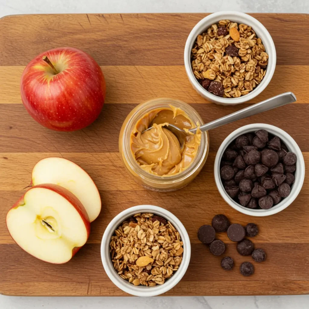 Ingredients for Loaded Apple Slices with apple, peanut butter, granola, and chocolate chips on a cutting board