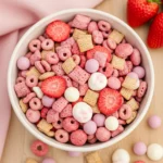 Bowl of colorful strawberry snack mix with Cheerios, freeze-dried strawberries, and yogurt pieces