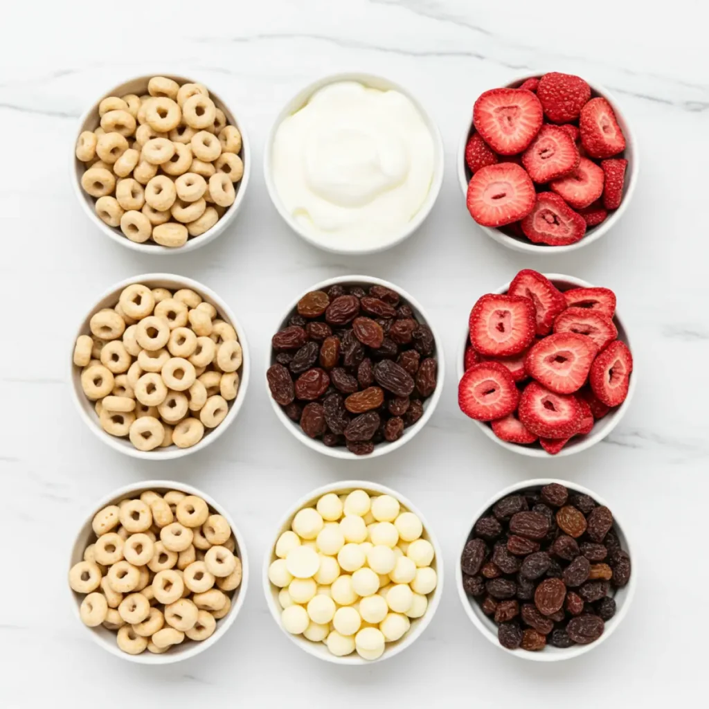 ingredients for strawberry snack mix laid out
