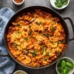 baked tortellini with meat sauce in skillet