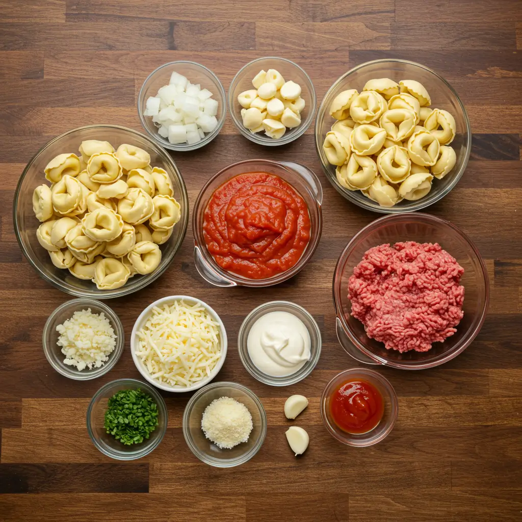 Ingredients for Beefy Tortellini Bake including tortellini, beef, and cheese