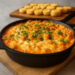 Hot Buffalo Chicken Dip with Cream Cheese baked and served with chips