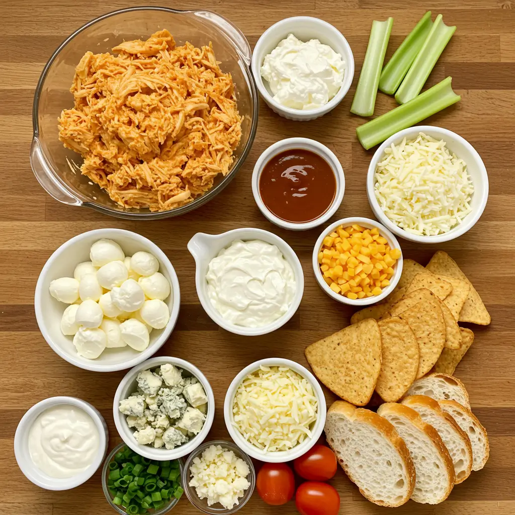 Ingredients for Buffalo Chicken Dip with Cream Cheese arranged on a kitchen counter