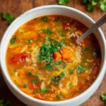 cabbage soup in rustic kitchen setting