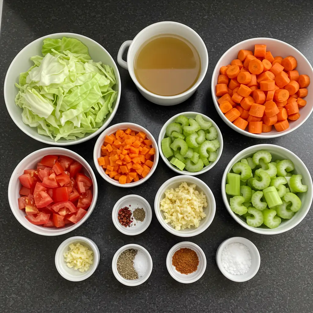 cabbage soup ingredients overhead view