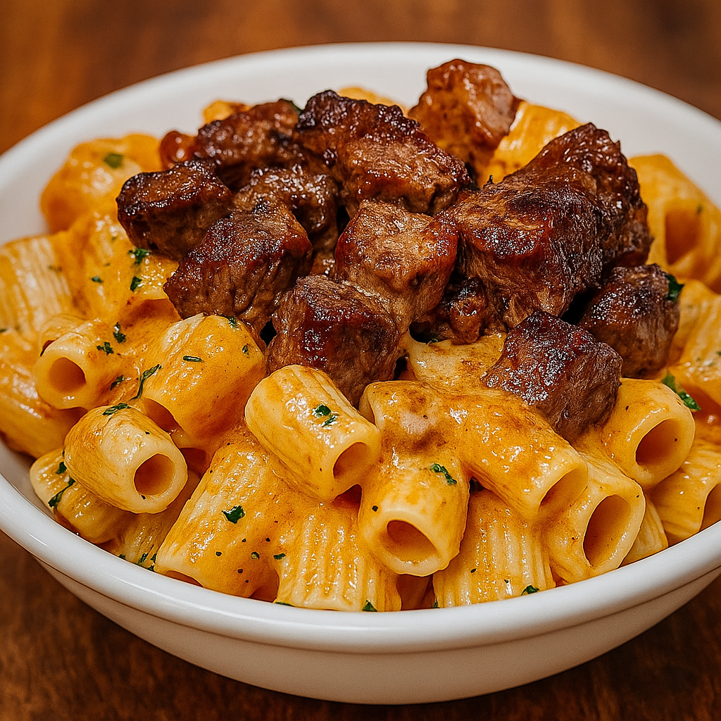 Cajun Steak Tips in Cheesy Rigatoni Parmesan Sauce: Creamy Bold Pasta Recipe