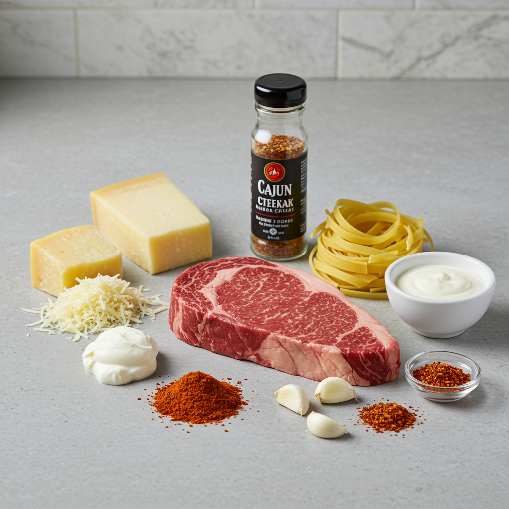 Ingredients for Cajun Steak Tips in Cheesy Rigatoni Parmesan Sauce