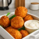 Crispy carrot tots with ranch dipping sauce in white dish