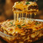 Cattle Drive Casserole baked with melted cheese and biscuit crust