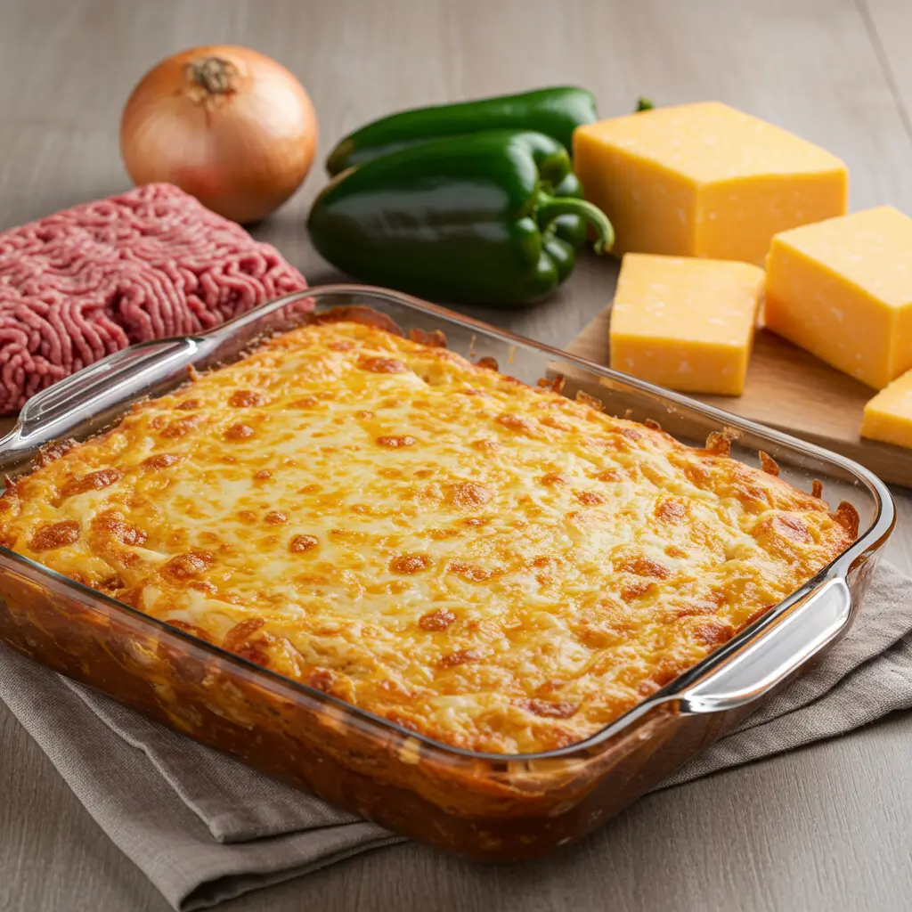 Cattle Drive Casserole baked with melted cheese and biscuit crust