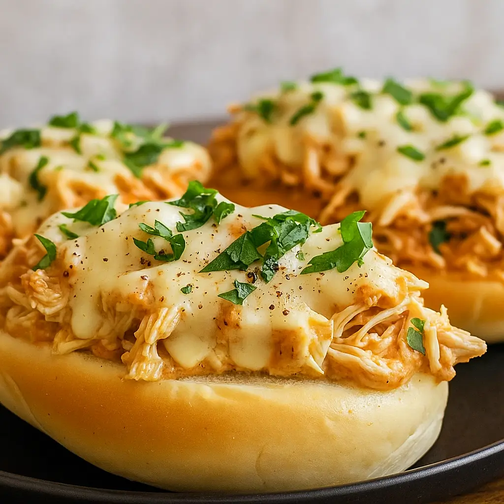 Chicken Alfredo Sloppy Joes on toasted buns with creamy sauce