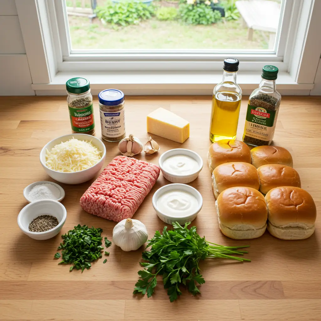 Ingredients for Chicken Alfredo Sloppy Joes on kitchen counter