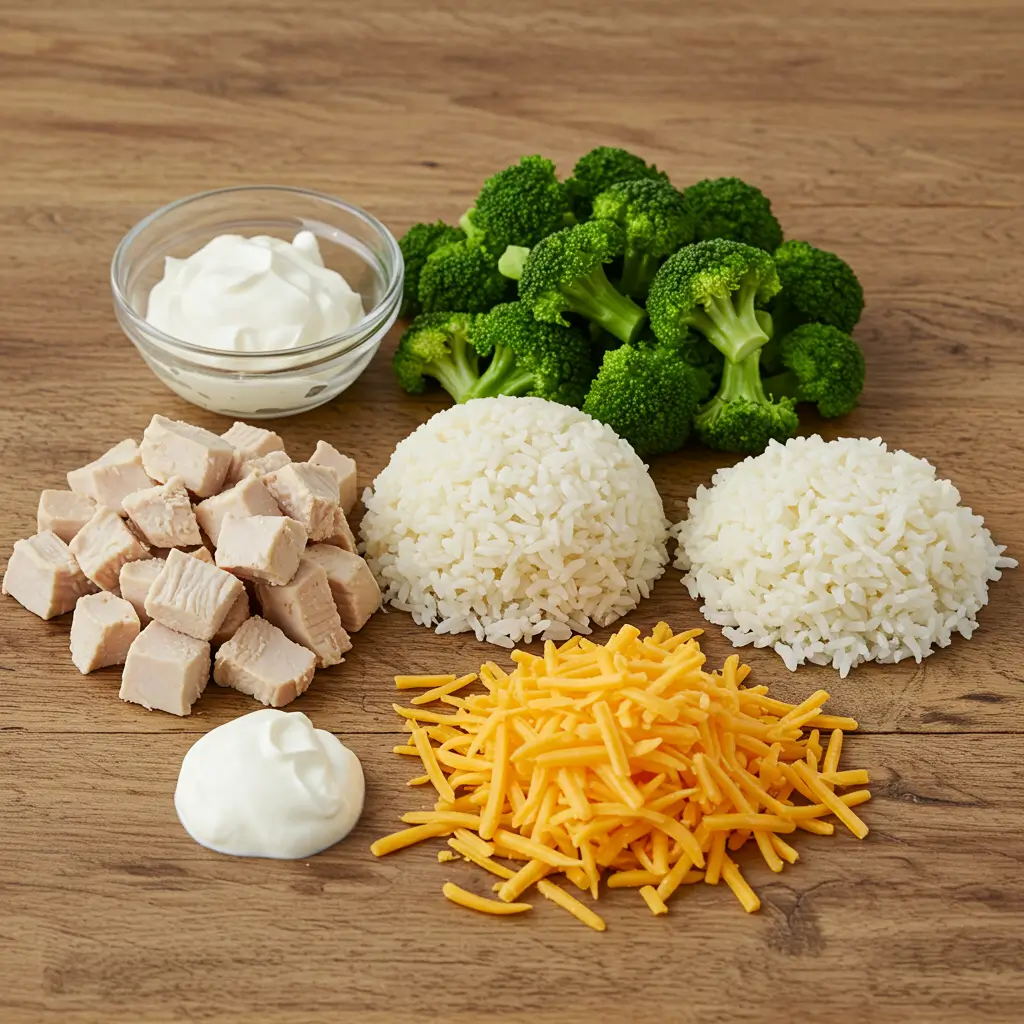 Ingredients for Chicken Broccoli Rice Cheese Casserole
