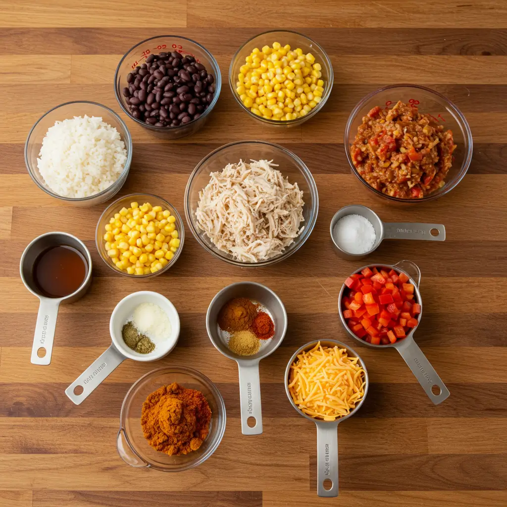 Ingredients for Chicken Burrito Casserole arranged on table
