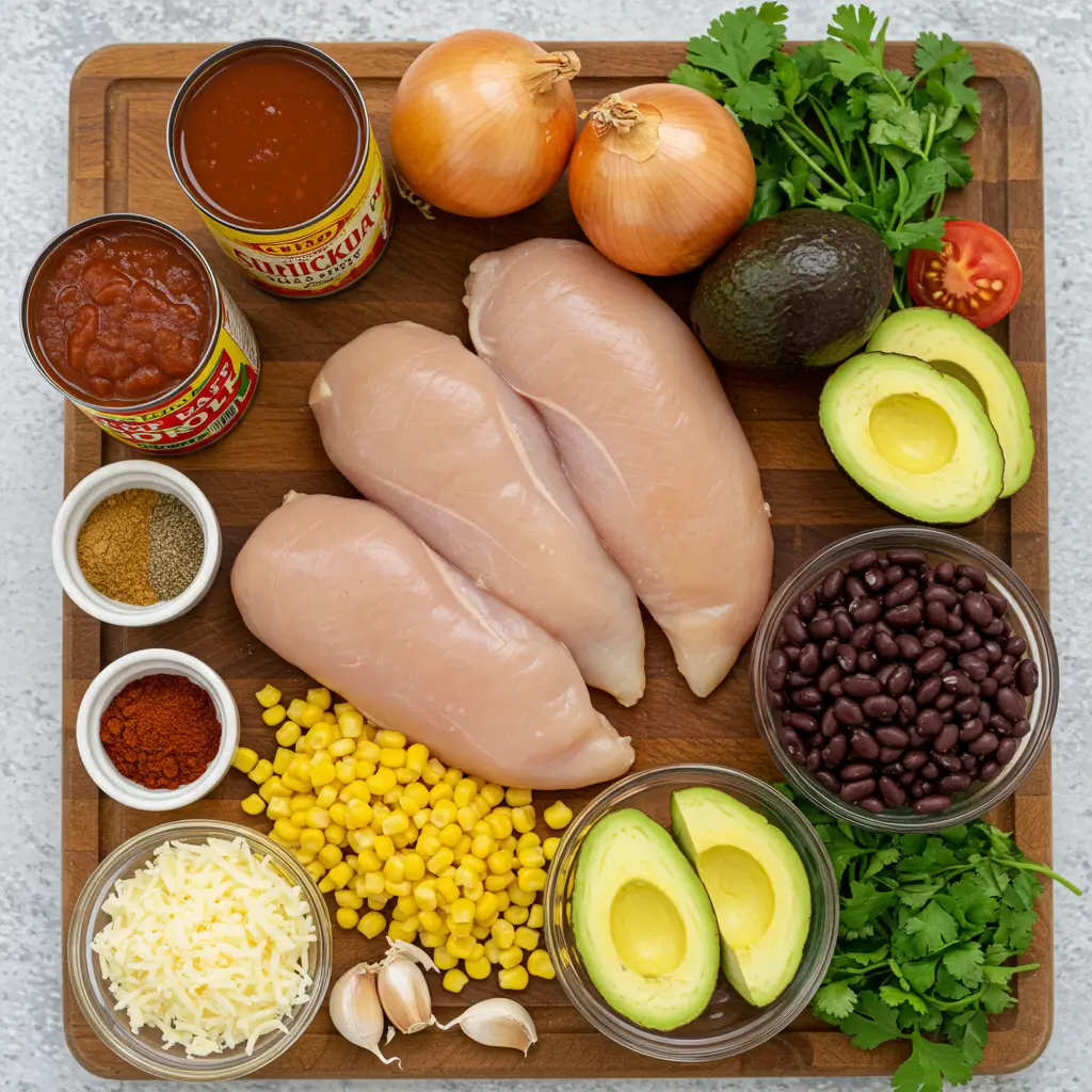 Chicken Enchilada Soup ingredients displayed on kitchen counter