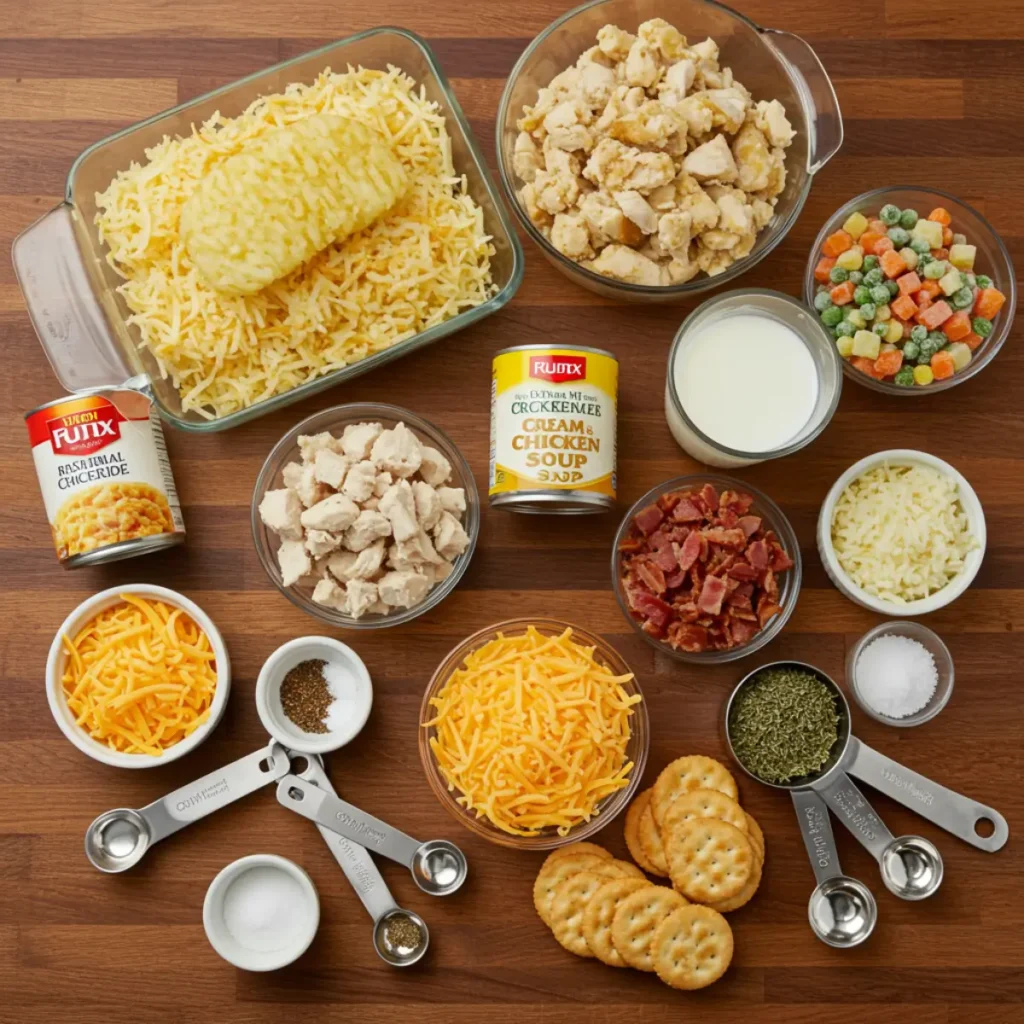 Ingredients for Chicken Hashbrown Casserole including hash browns, chicken, cheese, bacon, and vegetables
