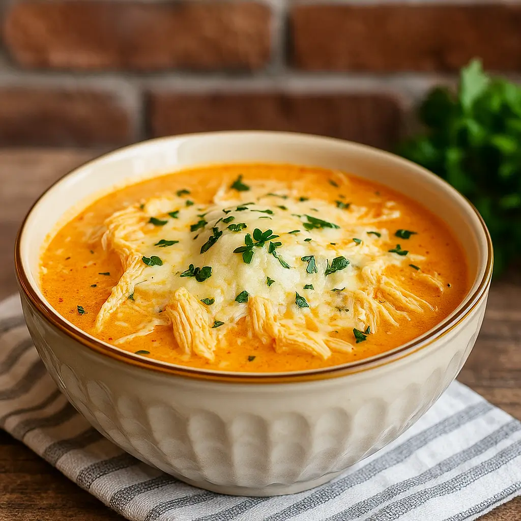 Chicken Parmesan Soup in a bowl with melted cheese