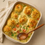 Chicken Pot Pie Casserole hot and golden with biscuits