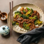 Chinese Beef and Broccoli served with rice