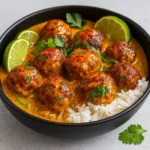 coconut curry meatballs in creamy coconut sauce served with rice