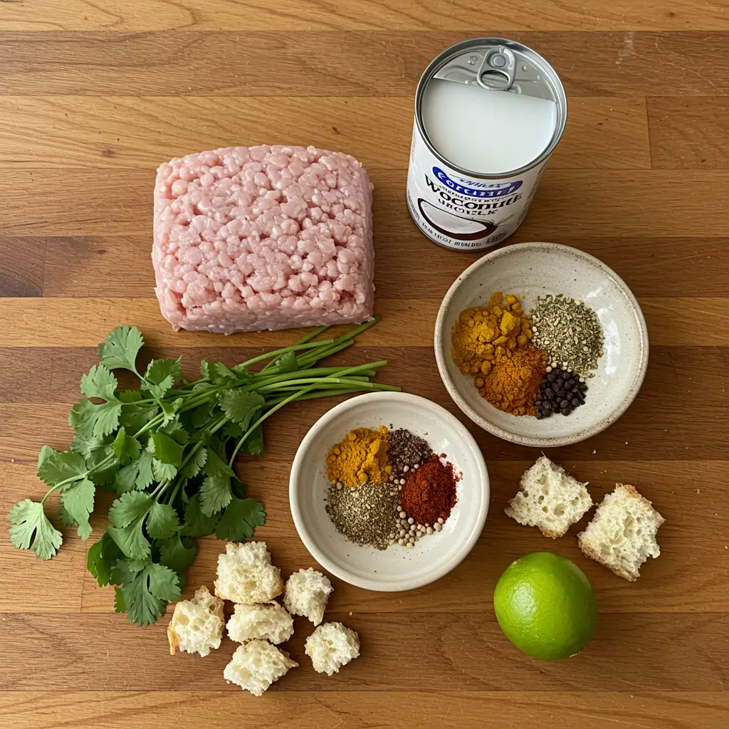 ingredients for coconut curry meatballs laid out on counter