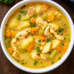 comforting chicken soup with potatoes in a bowlA hearty bowl of comforting chicken soup with potatoes, perfect for dinner.