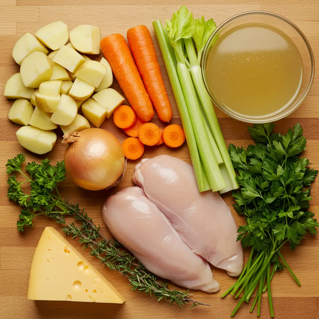 ingredients for comforting chicken soup with potatoes