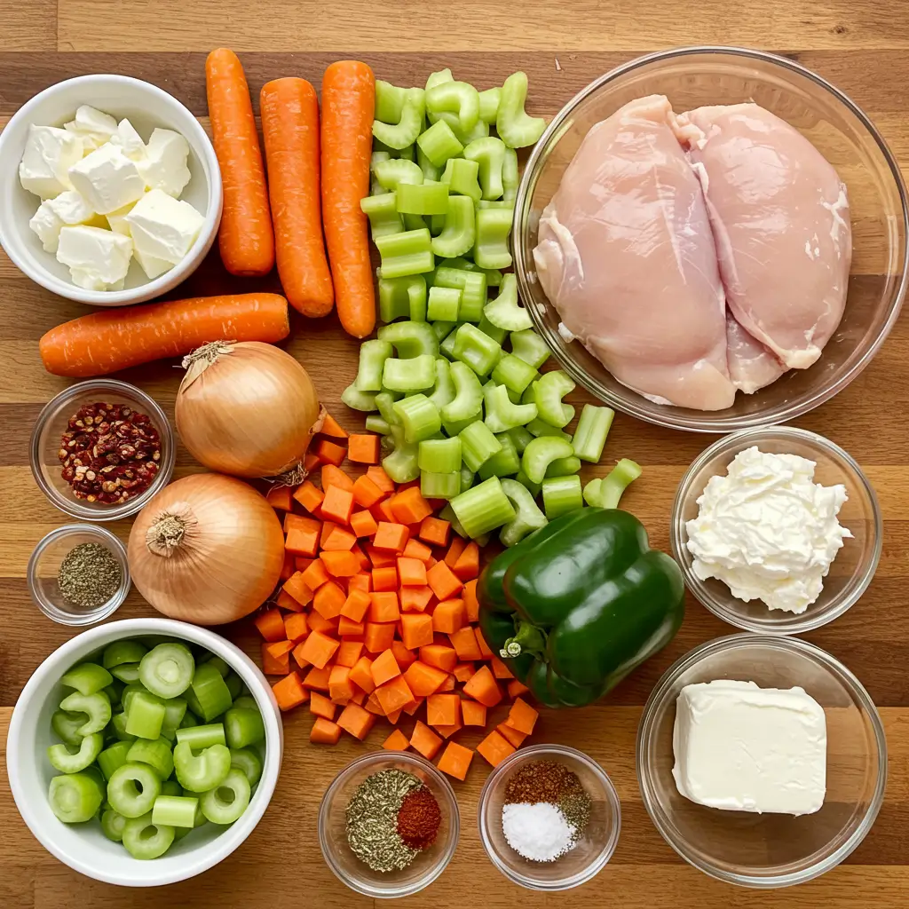creamy cajun chicken soup ingredients on wooden table