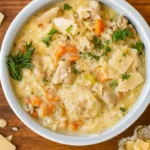 Creamy Chicken and Rice Soup in a rustic bowl with parsley garnish