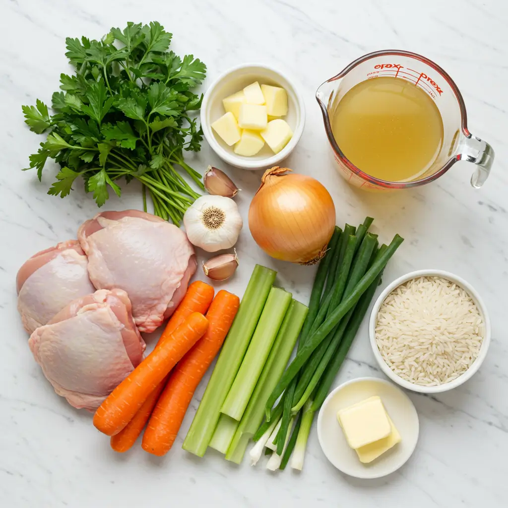Ingredients for Creamy Chicken and Rice Soup on kitchen counter