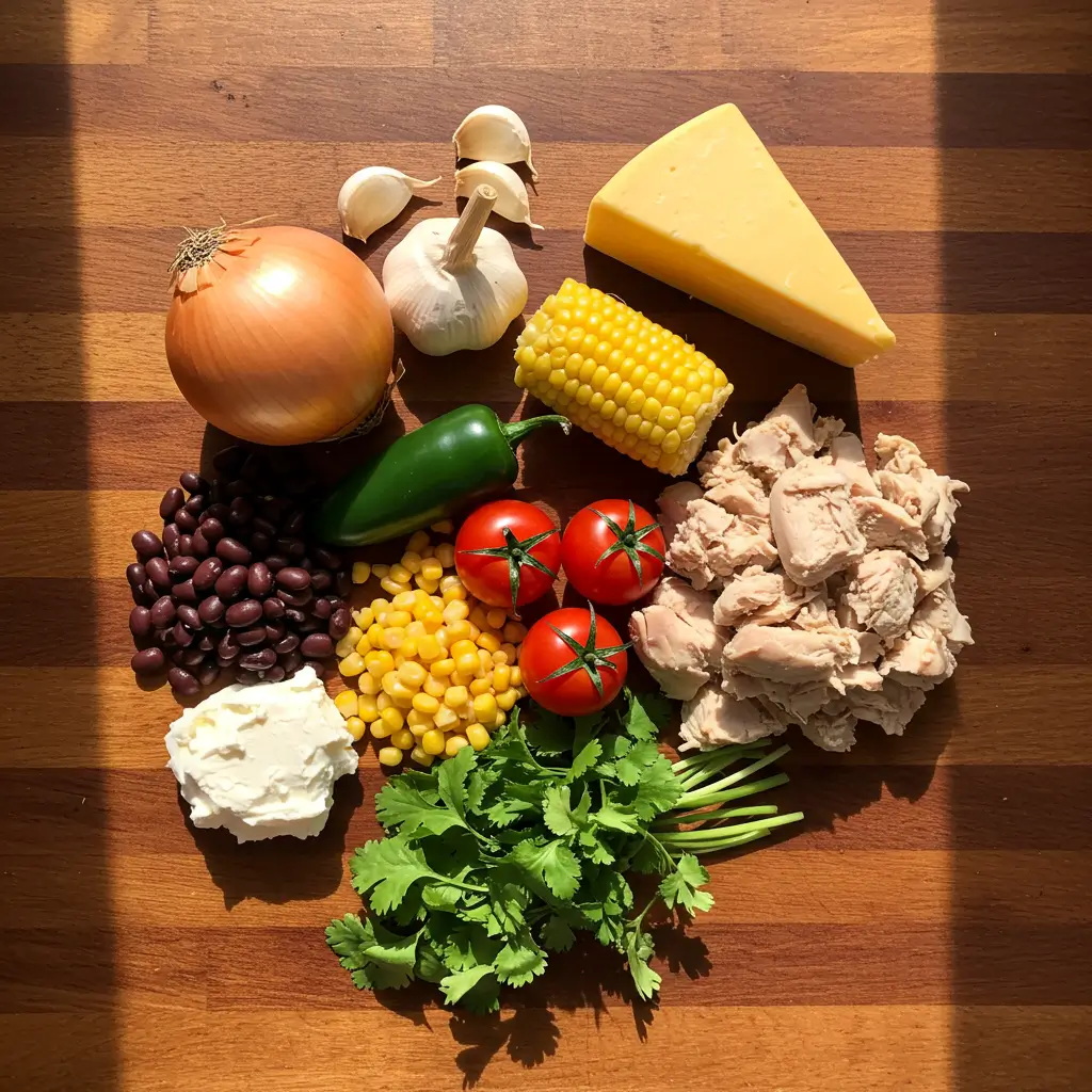Ingredients for Creamy Chicken Tortilla Soup laid out on table