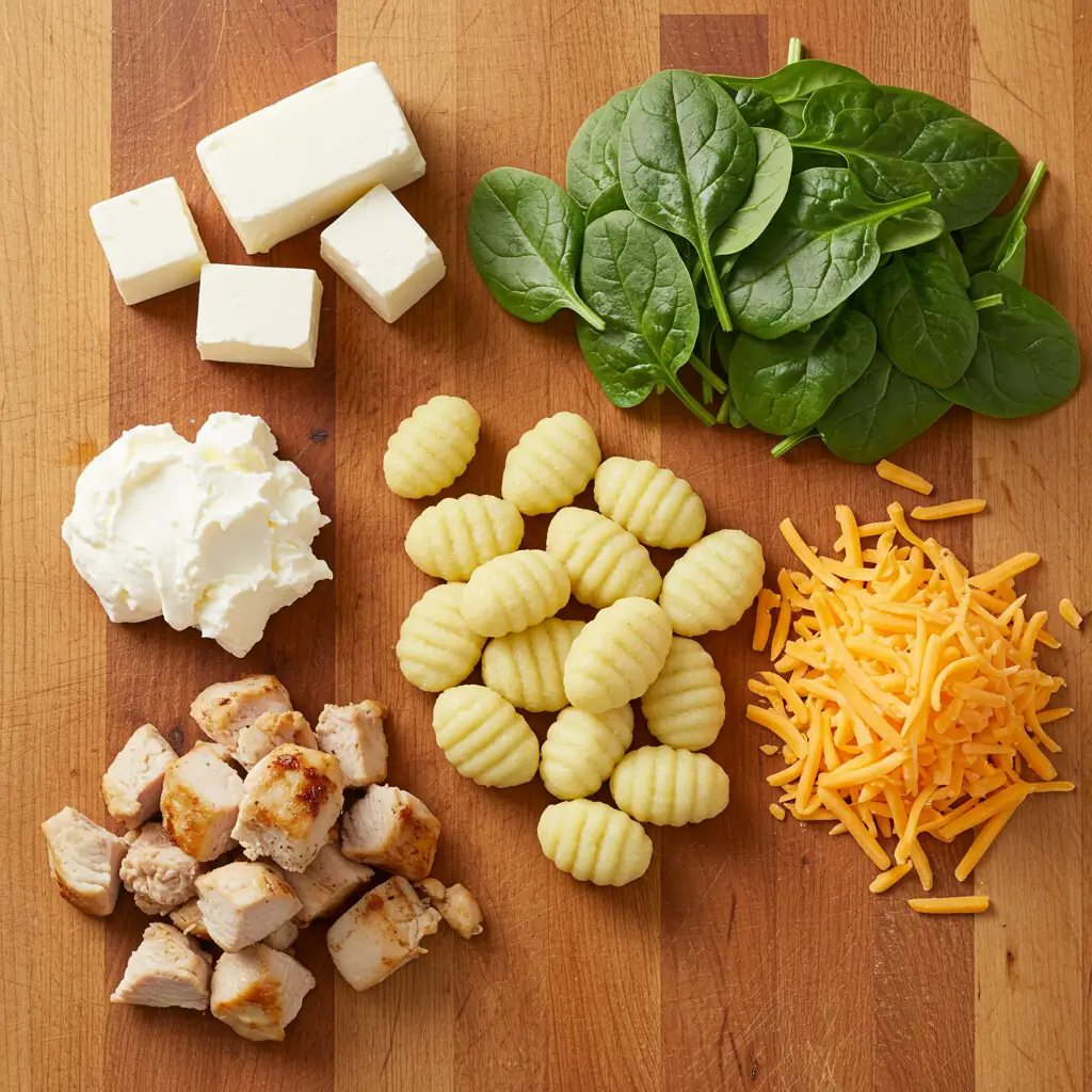 Creamy Crack Chicken Gnocchi ingredients on a wooden counter