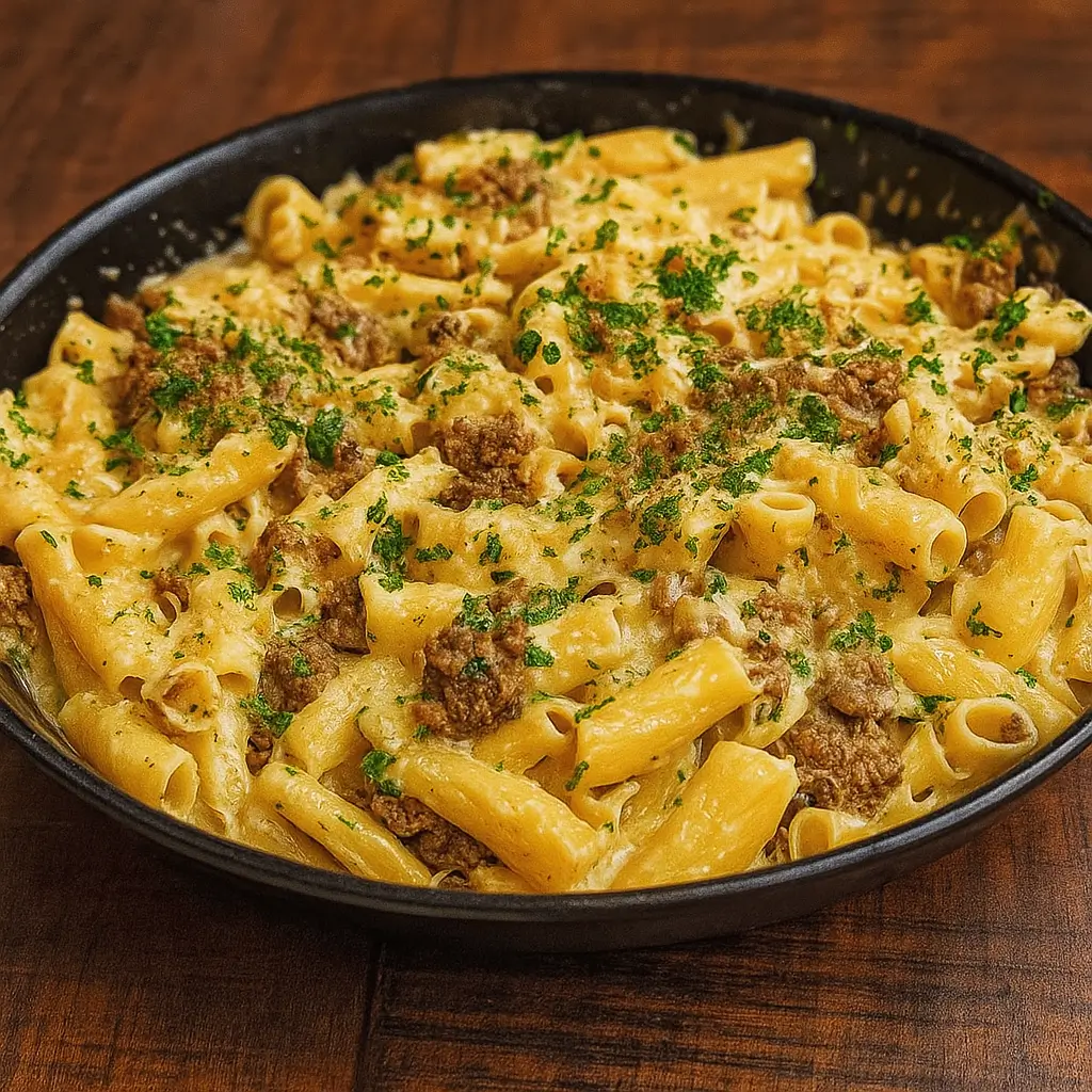 Creamy Garlic Beef Pasta served hot in a bowl with Parmesan and parsley