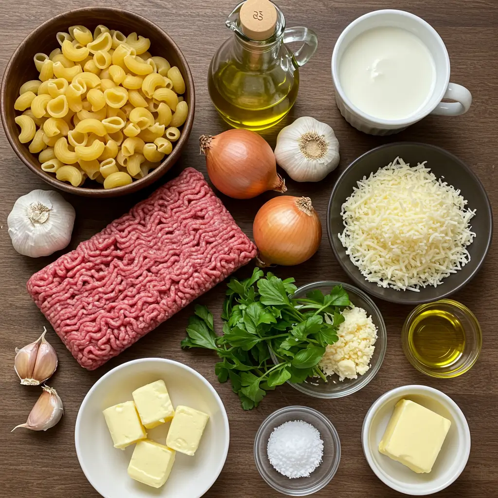 Ingredients for Creamy Garlic Beef Pasta on wooden table