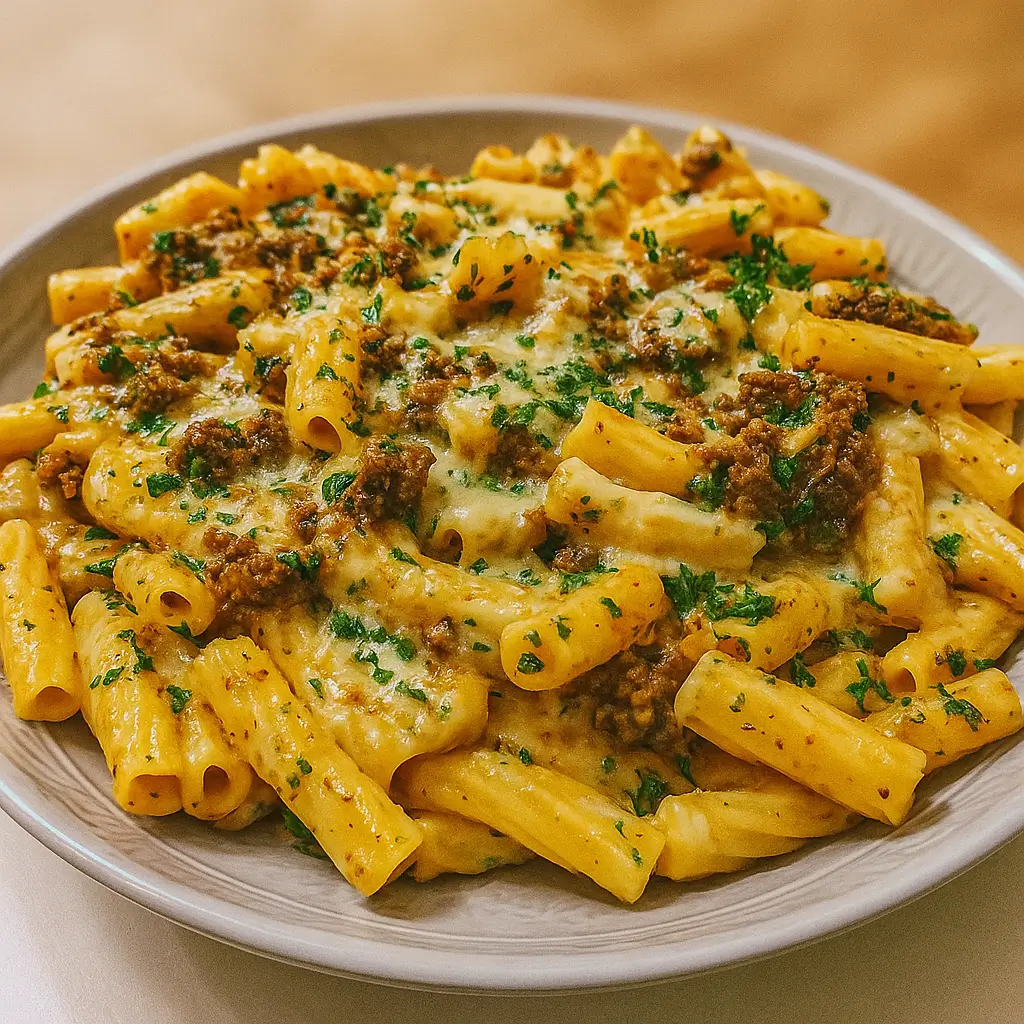 Creamy Garlic Beef Pasta topped with ground beef, melted cheese, and parsley