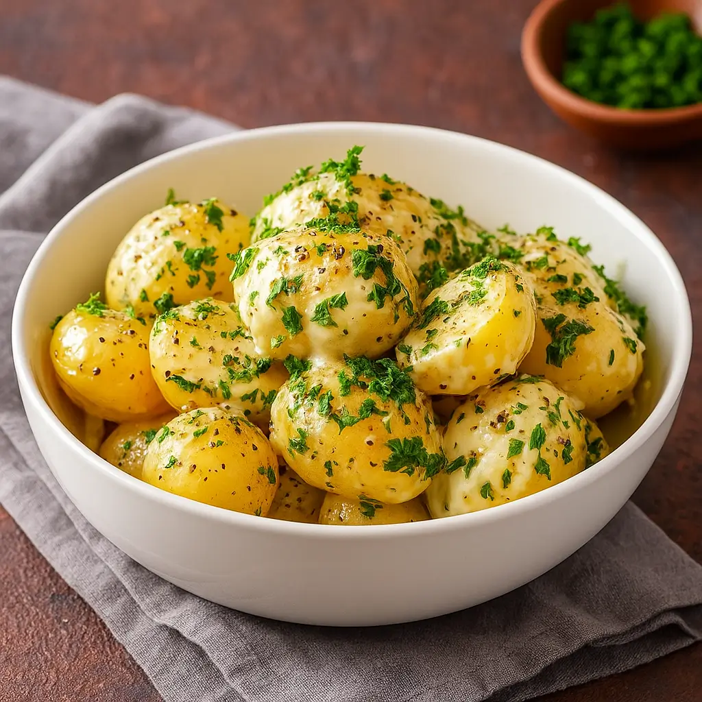 Creamy Garlic Sauce Baby Potatoes served with parsley garnish